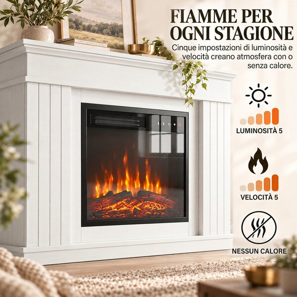 HOMCOM Camino Elettrico da Terra/Incasso con Cornice per TV 38'', 1800W, Effetto Fiamma 3D, Funzione Memory, Bianco | Aosom Italy