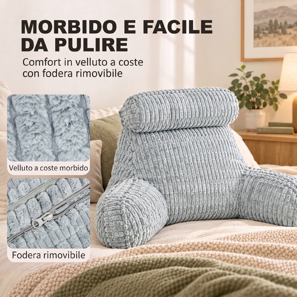 HOMCOM Cuscino da Lettura con Braccioli e Tasche, Grande, Grigio Chiaro | Aosom Italy