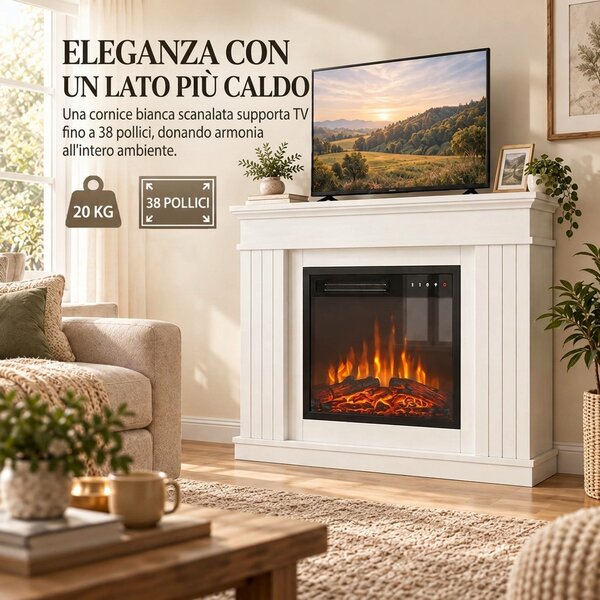 HOMCOM Camino Elettrico da Terra/Incasso con Cornice per TV 38'', 1800W, Effetto Fiamma 3D, Funzione Memory, Bianco | Aosom Italy