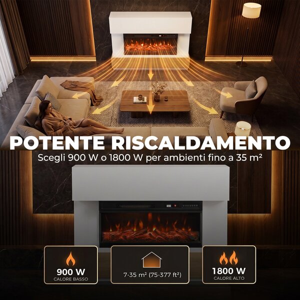 HOMCOM 117cm Camino Elettrico da Terra/Incasso a 3 Lati con Cornice per TV 55'', 900/1800W, 12 Colori Fiamma 3D, Bianco | Aosom Italy