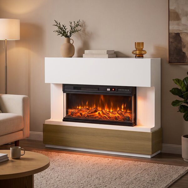 HOMCOM 117cm Camino Elettrico da Terra/Incasso a 3 Lati con Cornice per TV 55'', 900/1800W, 12 Colori Fiamma 3D, Bianco | Aosom Italy