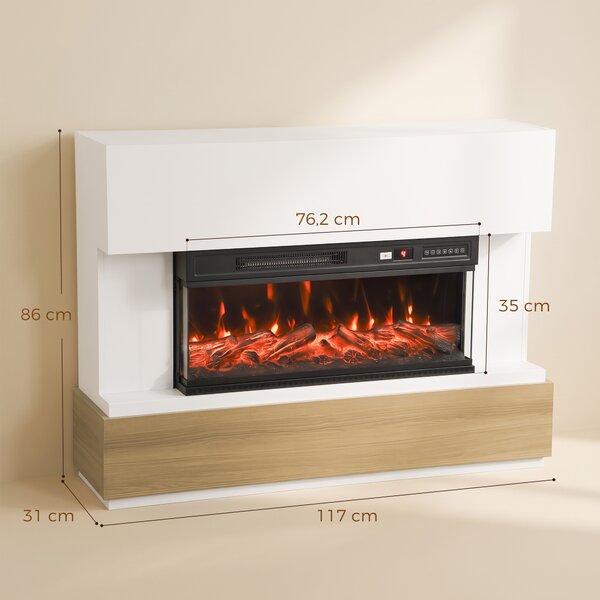 HOMCOM 117cm Camino Elettrico da Terra/Incasso a 3 Lati con Cornice per TV 55'', 900/1800W, 12 Colori Fiamma 3D, Bianco | Aosom Italy
