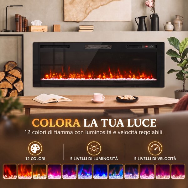 HOMCOM 153 cm Camino Elettrico da Incasso/Parete/Terra Ultrasottile 8.3 cm con Telecomando, 900/1800W, Timer, 35㎡ Nero | Aosom Italy