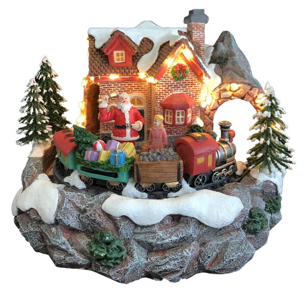 Carillon Natalizio Casa di Babbo Natale 24x23x18 cm in Resina con Luci Suoni e Movimento