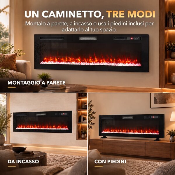 HOMCOM 173 cm Camino Elettrico da Incasso/Parete/Terra Ultrasottile 8.3 cm con Telecomando, 900/1800W, Timer, 35㎡ Nero | Aosom Italy