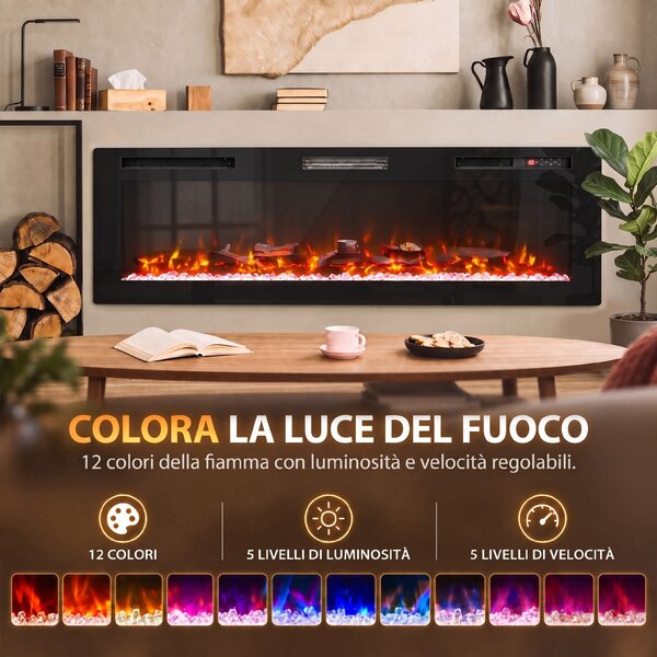 HOMCOM 173 cm Camino Elettrico da Incasso/Parete/Terra Ultrasottile 8.3 cm con Telecomando, 900/1800W, Timer, 35㎡ Nero | Aosom Italy