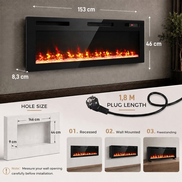 HOMCOM 153 cm Camino Elettrico da Incasso/Parete/Terra Ultrasottile 8.3 cm con Telecomando, 900/1800W, Timer, 35㎡ Nero | Aosom Italy