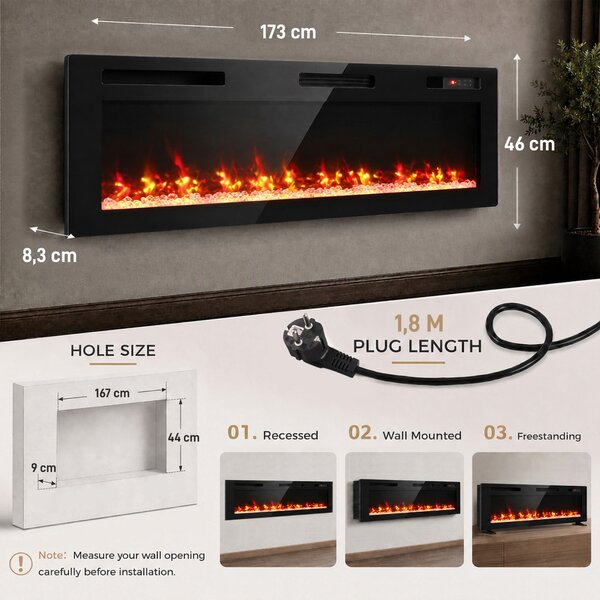 HOMCOM 173 cm Camino Elettrico da Incasso/Parete/Terra Ultrasottile 8.3 cm con Telecomando, 900/1800W, Timer, 35㎡ Nero | Aosom Italy
