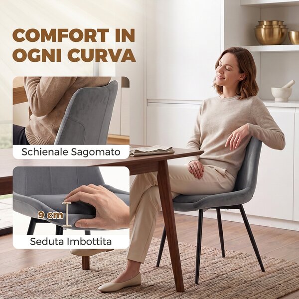 HOMCOM Set 2 Sedie da Pranzo in Velluto per Cucina, Grigio Scuro | Aosom Italy