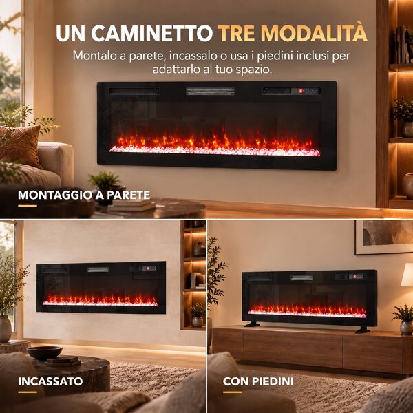 HOMCOM 153 cm Camino Elettrico da Incasso/Parete/Terra Ultrasottile 8.3 cm con Telecomando, 900/1800W, Timer, 35㎡ Nero | Aosom Italy