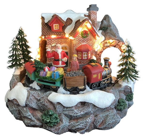 Carillon Natalizio Casa di Babbo Natale 24x23x18 cm in Resina con Luci Suoni e Movimento