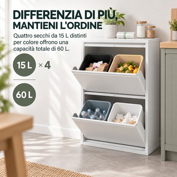 HOMCOM Pattumiera Differenziata a Ribalta 4x15L in Acciaio, 4 Secchi Rimovibili, Chiusura Ammortizzata, Bianco | Aosom Italy