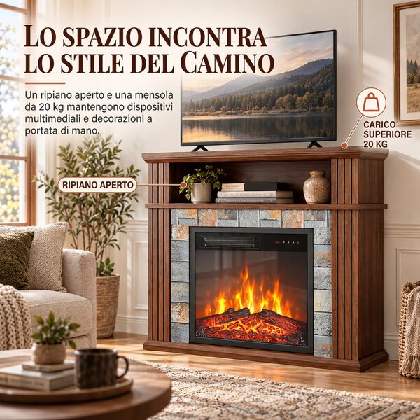HOMCOM Camino Elettrico da Terra/Incasso per TV 36'' con Cornice e Ripiano, 1800W, Effetto Fiamma 3D, Ceppi, Marrone | Aosom Italy