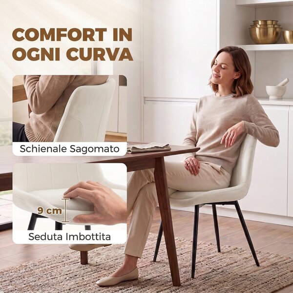 HOMCOM Set 2 Sedie da Pranzo in Velluto per Cucina, Bianco Crema | Aosom Italy
