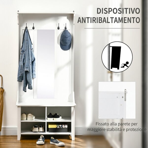 Homcom Mobile Ingresso con Appendiabiti Specchio e Scarpiera in Legno, 80x40x170cm, Bianco | Aosom Italy