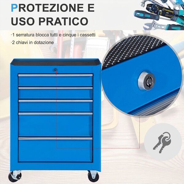 HOMCOM Carrello Porta Utensili Attrezzi Attrezzatura con Cassettiera Azzurro 61.5 x 33 x 82.5cm