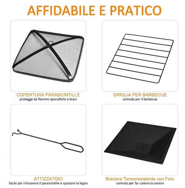 Outsunny Braciere Multiuso da Giardino con Coperchio Parascintille, attizzatoio e Griglia per Barbecue in Metallo, 76x76x47cm, Nero | Aosom Italy
