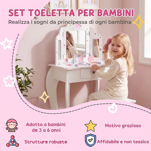 HOMCOM Toeletta per Bambini con Sgabello in Legno, Tavolo Trucco con Triplo Specchio e Cassetto, 63x40x85.5cm, Bianco|Aosom