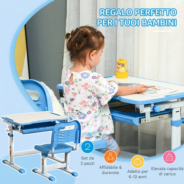 HOMCOM Set Tavolo e Sedie per Bambini 6-12 Anni con Banco Altezza Regolabili,Cassetto e Piano Inclinabile a 45°,in acciaio e MD,Blu |Aosom Italy