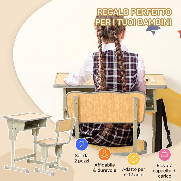 HOMCOM Banco Scuola con Sedia per Bambini 6-12 Anni Altezza Regolabile, Vano Contenitore e Portapenne, Acciaio e MDF, Color Legno|Aosom