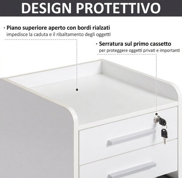 HOMCOM Cassettiera da Ufficio a 3 Cassetti con maniglie, Ripiano e 5 Ruote, in pannello truciolare e MDF, Bianco,39.2 x 40 x 65.4cm|Aosom Italy