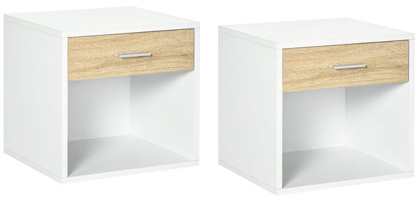 Set 2 Comodini 1 Cassetto 47,5x40x45 cm in Truciolato Bianco e Legno Naturale