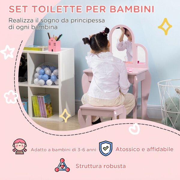 HOMCOM Tavolo per Trucco per Bambine 3-6 Anni con Sgabello, Cassetti e Specchio Coordinato in Acrilico, in MDF e Legno di Pino, Rosa|Aosom
