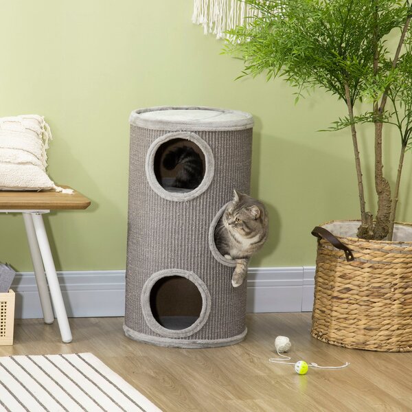 Cuccia per Gatti Tiragraffi 3 Ripiani Ø38x70 cm in Sisal e Peluche Grigio Chiaro