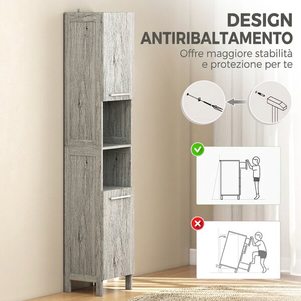 Kleankin Colonna Bagno Multifunzione, 2 Armadietti, 2 Ripiani Aperti, in MDF - 30x32x172.5 cm, Color Legno|Aosom