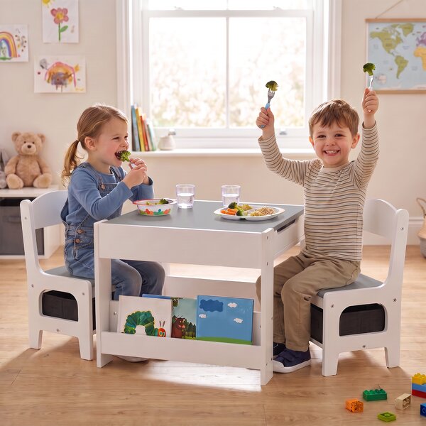 HOMCOM Set Tavolino per Bambini e 2 Sedie, Piano del Tavolo 2 in 1 con Lavagna e Contenitori, Grigio|Aosom