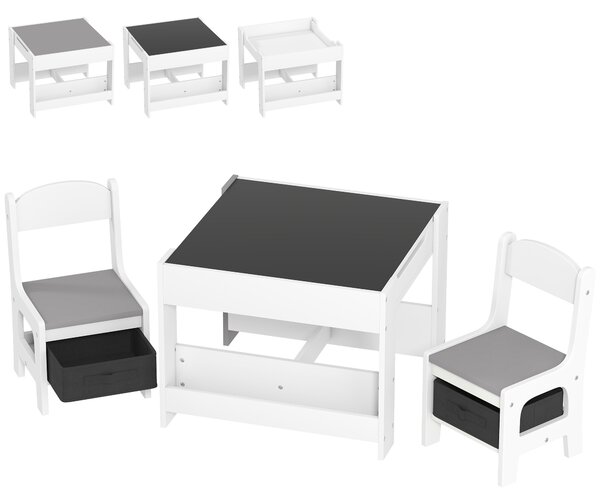 HOMCOM Set Tavolino per Bambini e 2 Sedie, Piano del Tavolo 2 in 1 con Lavagna e Contenitori, Grigio|Aosom