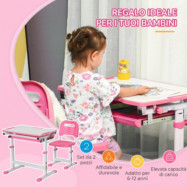 HOMCOM Set Tavolo e Sedie per Bambini 6-12 Anni con scrivania e Altezza Regolabile, Piano Inclinabile, 66x47x52-77 cm, Rosa|Aosom Italy