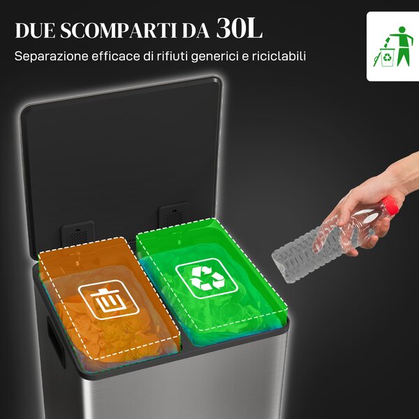 HOMCOM Bidone Immondizia a 2 Sezioni da 30L a Pedale con Coperchio Silenzioso, in Acciaio Inox e PP, 47.7x37.5x66.8 cm