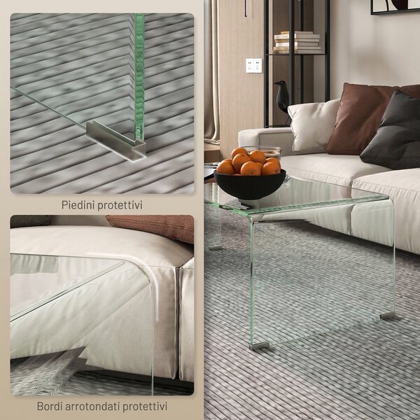 HOMCOM Tavolino in Vetro Temperato Moderno da Salotto con Design Monoblocco, 100x50x35 cm, Trasparente