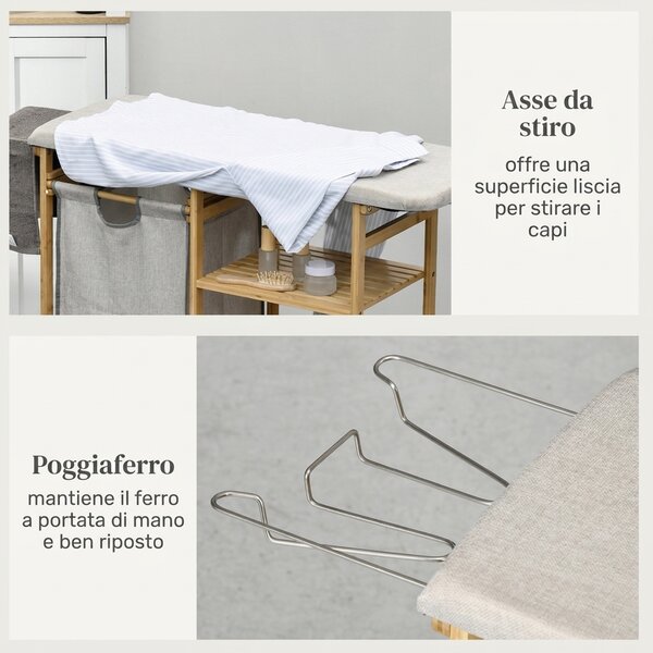 HOMCOM Cestino Portabiancheria in Bambù e Poliestere con Asse da Stiro e Ripiano a 3 Livelli, 113x34x82 cm