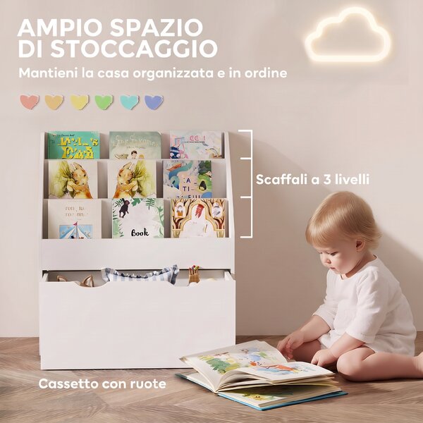 AIYAPLAY Libreria per Bambini 3-8 Anni a 3 Ripiani con Cassetto Inferiore, in MDF, 62.5x30x70 cm, Bianco