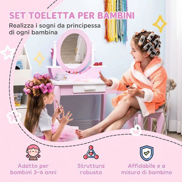 ZONEKIZ Set Toeletta Trucco per Bambini con Tavolino con Specchi e Sgabello, Età 3-6 Anni, Rosa