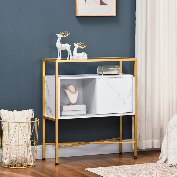 Mobile Soggiorno con Piano in Vetro 80x30x90 cm in MDF e Acciaio Bianco e Oro