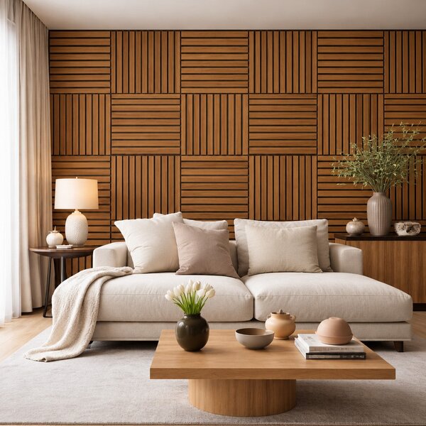 Divina Home Set 12 pz Pannello Decorativo a Listelli in Legno Doghe MDF e Feltro PET 60x60 Rivestimento Murale Fonoassorbente Teak - DH104826