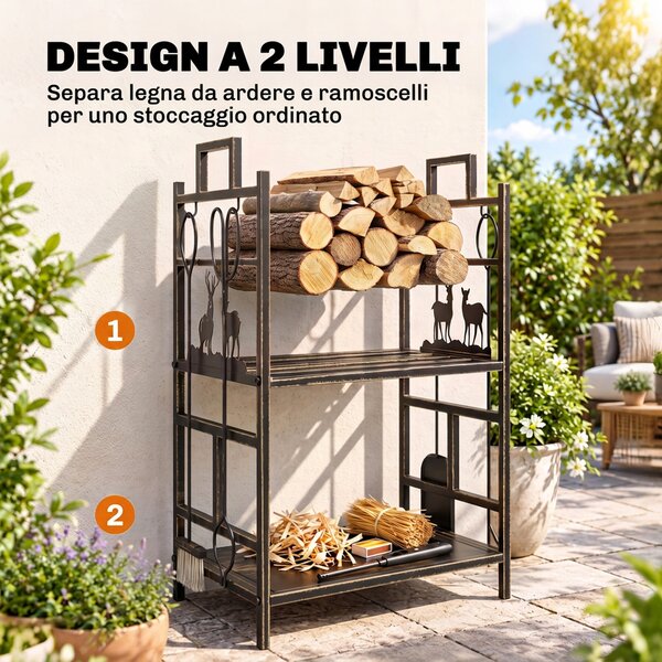 Outsunny Portalegna per Camino in Ferro Battuto, Scaffale con Manici e Base Rialzata, attizzatoio e scopa, paletta e pinza, Nero | Aosom Italy