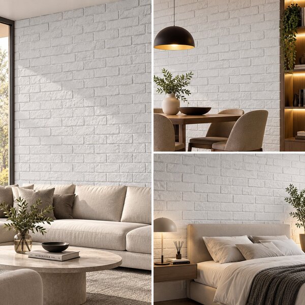 Divina Home Set 12 pz Pannello Decorativo effetto Pietra Mattoni Bianchi 3D 8,6 mt2 Rivestimento Murale in PU 120 x 60 x 2,5 Brick Bianco - DH104832