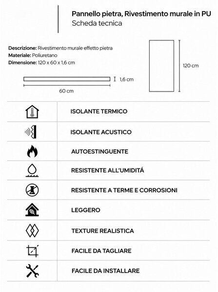 Divina Home Set 10 pz Pannello Decorativo effetto Roccia Pietra 3D 7,2 mt2 Rivestimento Murale in PU 120 x 60 x 1,6 Grigio Ossidiana - DH104834