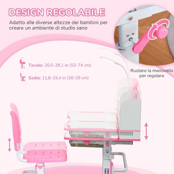 HOMCOM Banco Scuola per Bambini 6-12 Anni Regolabile con Luce LED, Leggio e Portapenne, in MDF, PP e Acciaio, Rosa