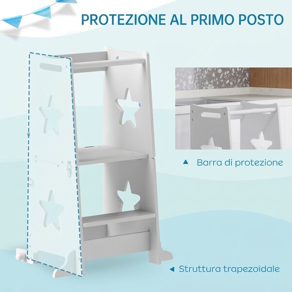AIYAPLAY Scala Montessori Convertibile in Set Tavolo e Sedie con Barra di Sicurezza, in Legno, 60x44.5x86 cm, Bianco