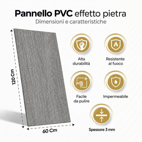 Divina Home Set 6 pz Pannello Decorativo effetto Pietra Gres 4,3 mt2 Rivestimento Murale PVC in UV 120 x 60 Pietra Cemento - DH104829