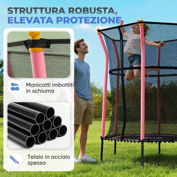 HOMCOM Tappeto Elastico per Bambini con Ingresso a Cerniera e Pali Imbottiti, in Acciaio, PP e EPE, Ø163.5x190 cm, Rosa