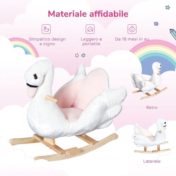 HOMCOM Cavallo a Dondolo a Forma di Cigno con Musica, Struttura in Metallo e Legno, Rivestimento Peluche, 60x32x55cm, Bianco|Aosom