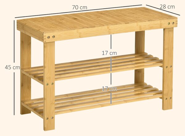 HOMCOM Panca Scarpiera Bassa in Bambù con 2 Ripiani a Doghe e Seduta, 70x28x45 cm, Naturale