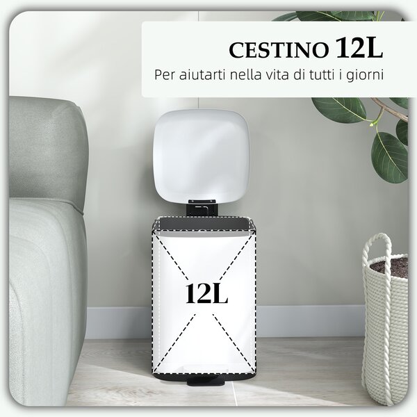 HOMCOM Bidone Immondizia da 12L a Pedale con Chiusura Silenziosa, in Metallo e PP, 24.5x32x34.5 cm, Bianco