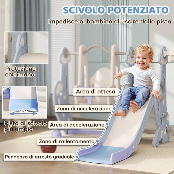 AIYAPLAY Gioco per Bambini 4 in 1 con Scivolo, Altalena, Arrampicata e Canestro, 147.5x160x107 cm, Azzurro Chiaro